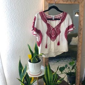 Loose White Blouse with Red Embroidered Detail
